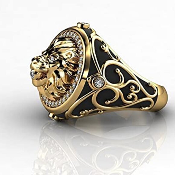 Gold Tone Lion Head Ring Men's Punk Viking Jewelry Iced Out Statement - Picture 4 of 6